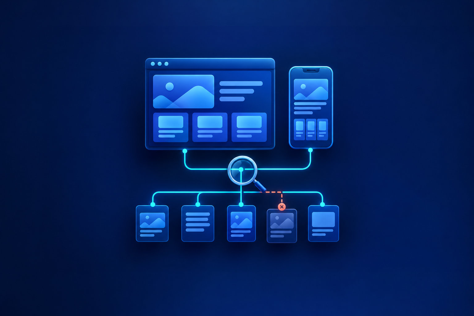 Blue desktop browser and phone panels connect to a branching page map, with a magnifying glass over a cyan junction and a coral dashed connection marking a defect.