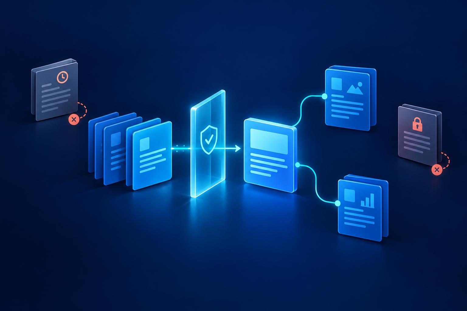 Blue document cards pass through a glowing permission gate toward a central card connected to two source cards. Separate cards with clock and lock icons sit outside the path on a navy background.