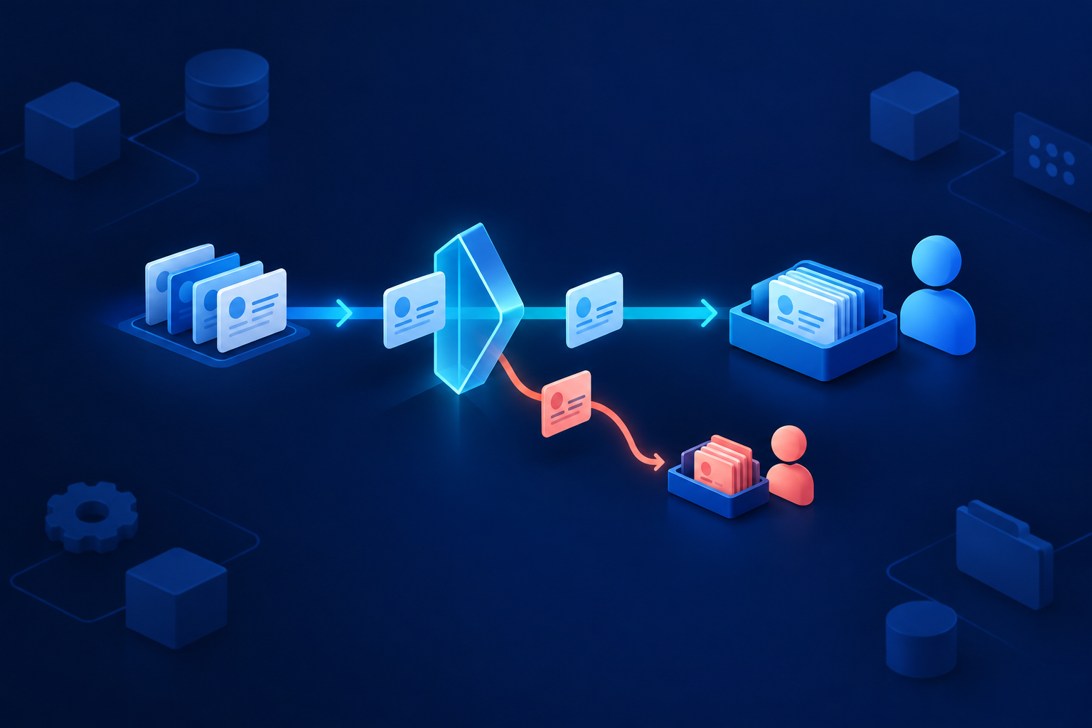 Record cards pass through a glowing decision gate, following a cyan path to a tray beside a human symbol or a coral branch to a separate review tray on a navy background.