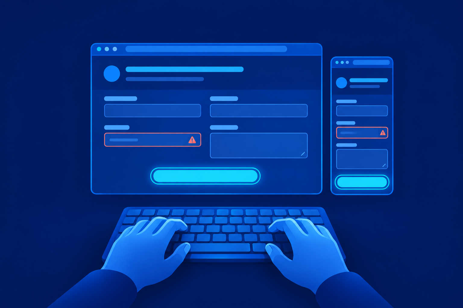 Illustrated hands using a keyboard beneath wide and narrow browser forms, with cyan outlines around action buttons and coral warning symbols beside fields.