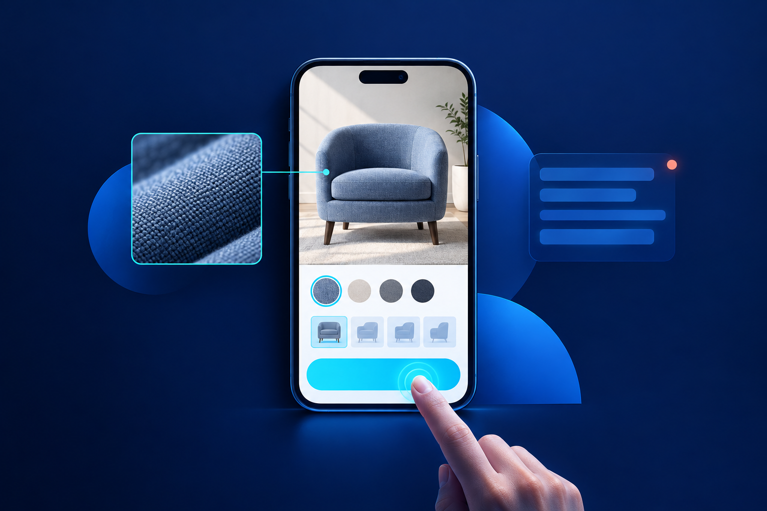 Illustrated phone displaying a blue upholstered chair, fabric swatches and a cyan button touched by a fingertip, surrounded by a fabric close-up, aligned blue bars and geometric shapes on navy.
