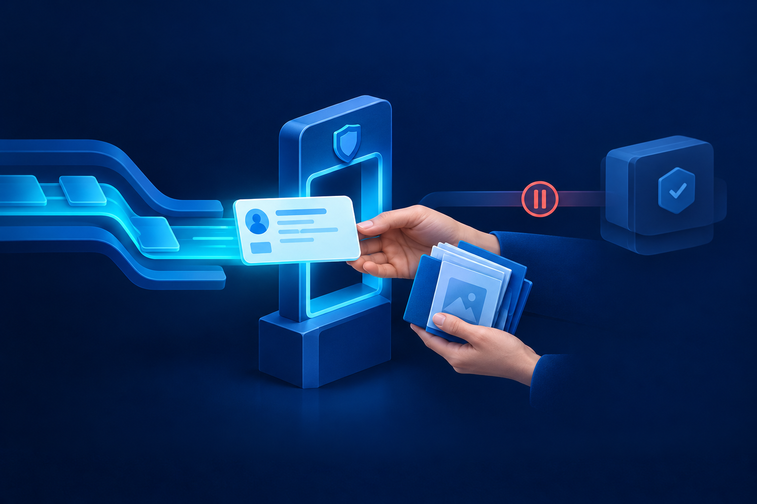 Hands receive a customer-case card at a glowing blue checkpoint and hold a small document bundle, while a coral pause symbol marks the path to a checkmarked block.