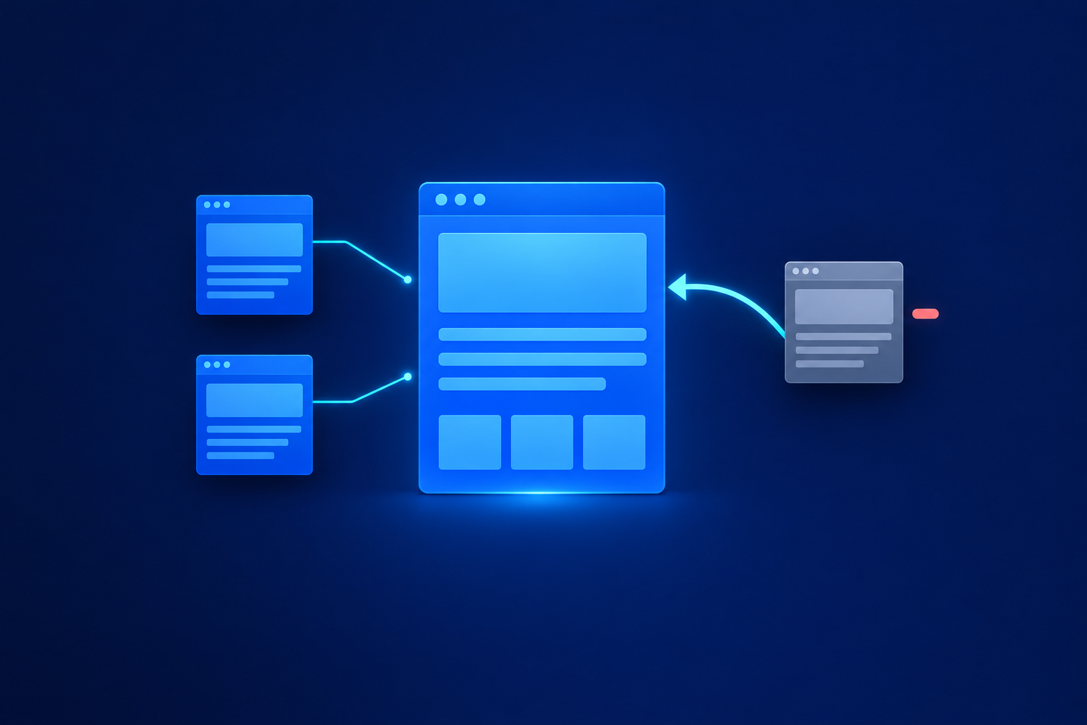 Two small blue browser-page cards connect by thin cyan lines toward a larger central blue card. A curved cyan arrow points from a grey card toward it, with a small coral accent beside the grey card, on a navy background.