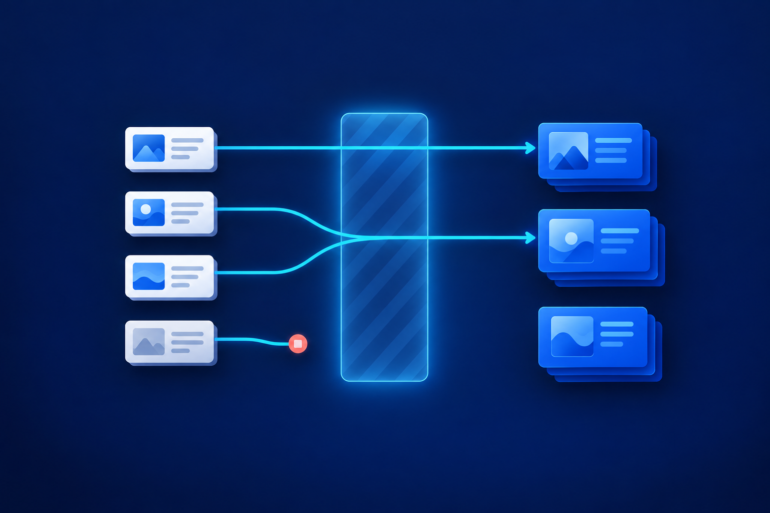 Four pale page cards face three blue card stacks across a glowing central panel. Cyan arrows connect the upper cards, while the lowest path ends at a coral stop marker.