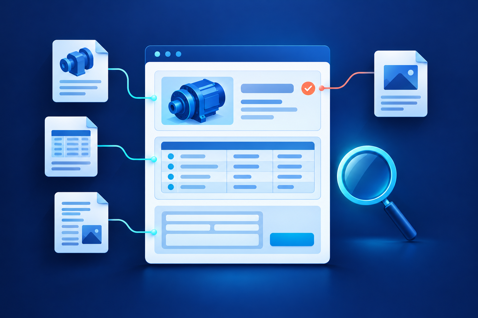 Illustrated webpage with a blue motor, specification table and enquiry form, connected to surrounding document icons, with a cyan magnifying glass beside it.