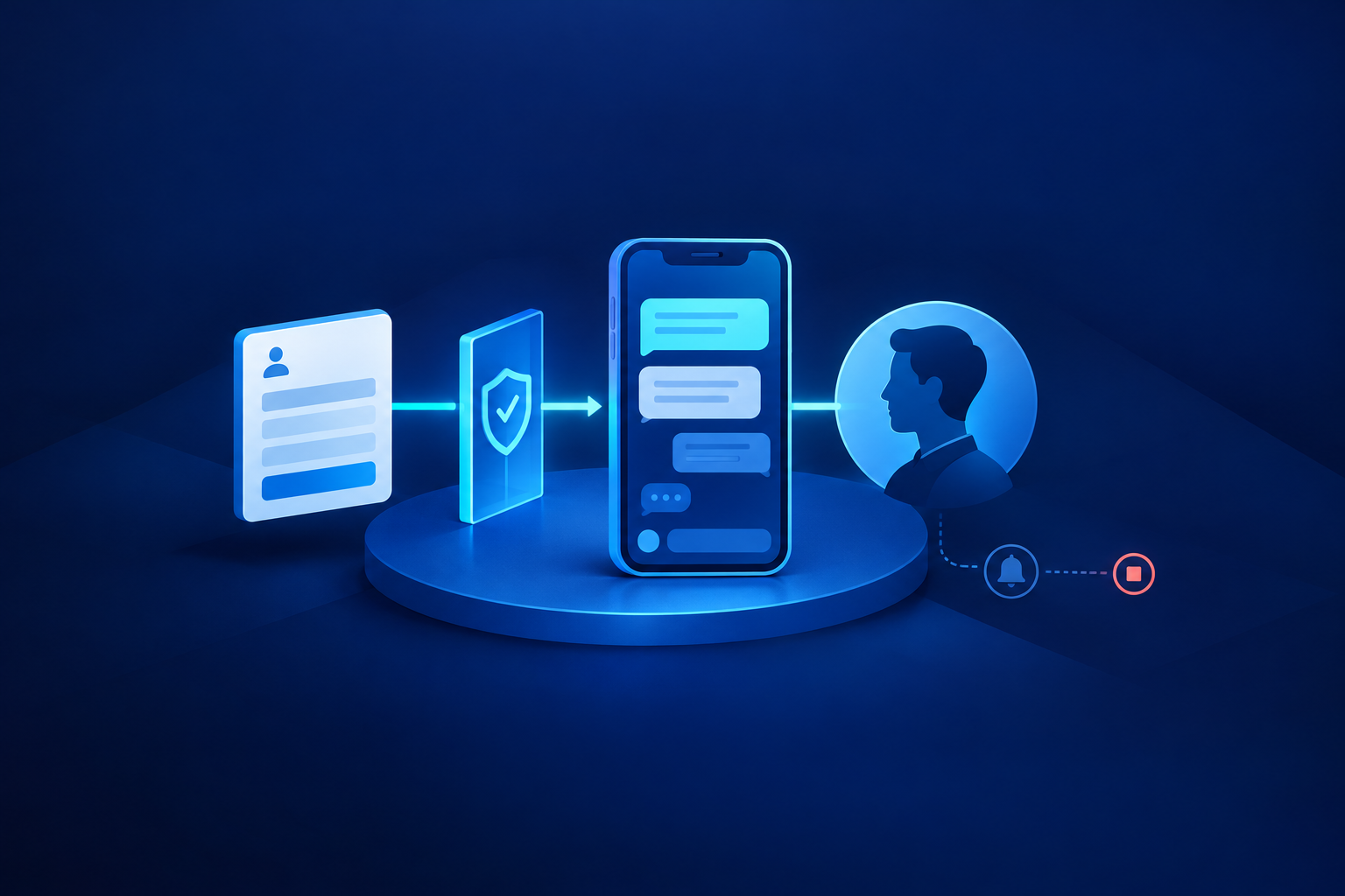 Blue illustration of an enquiry card connected through a shield-check gate to a smartphone conversation and human silhouette, with a dotted reminder path ending at a coral stop symbol.