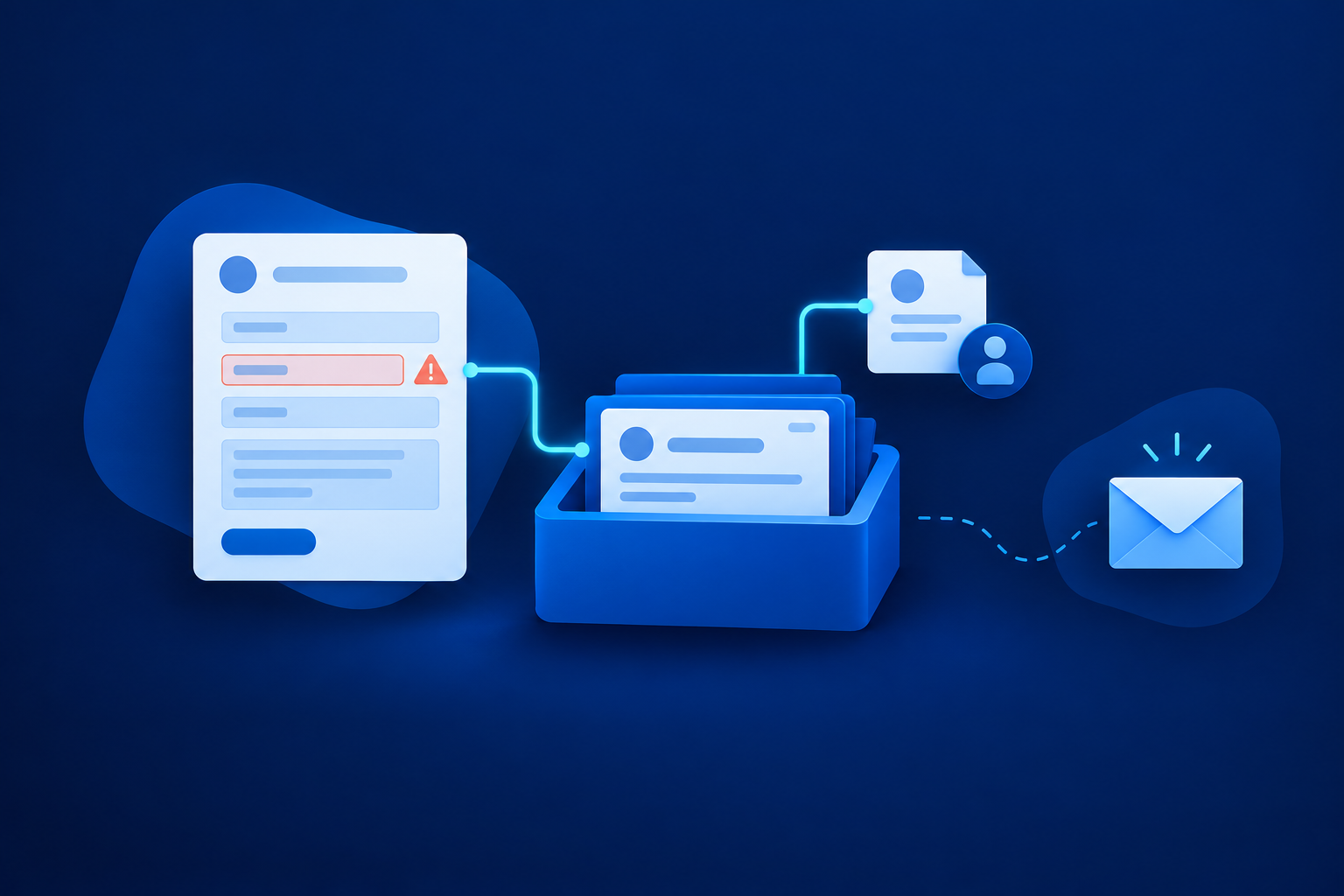 An abstract enquiry form with one coral warning field connects to a blue tray of saved records, a receipt card with a person icon, and a separate envelope on a navy background.