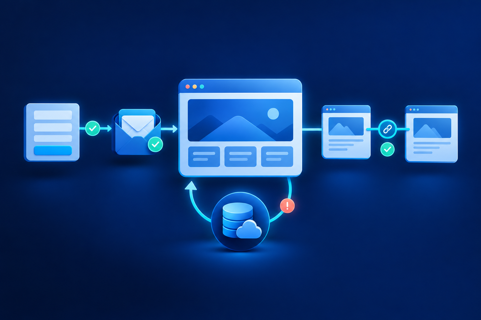 Blue website illustration connected to a form and envelope, two linked pages, and a database with a circular recovery arrow, check marks and a coral warning symbol.
