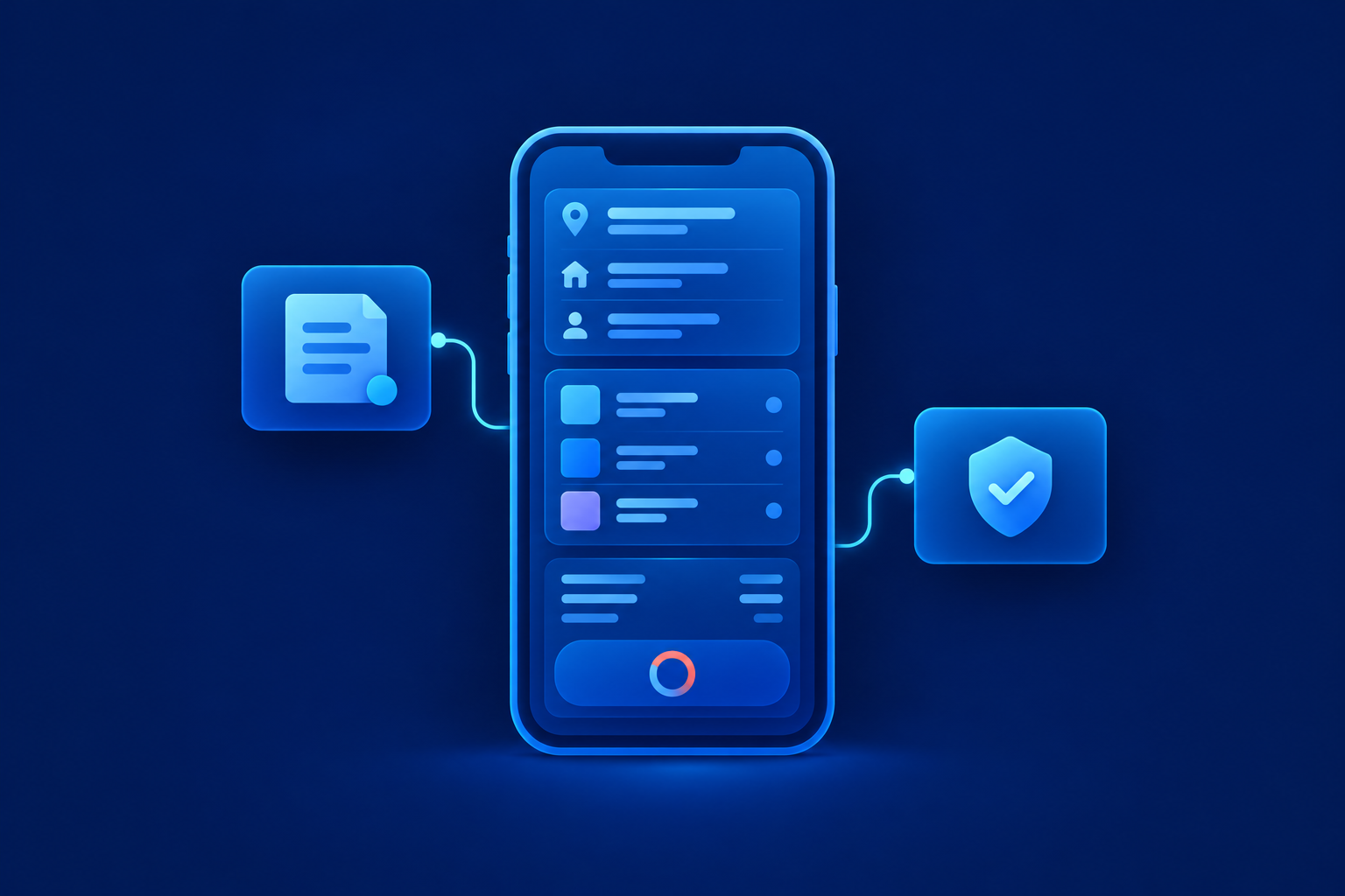 Blue phone illustration with abstract address rows, item and charge summaries, and a coral-and-cyan circular indicator, connected to document and check-mark shield tiles on a navy background.