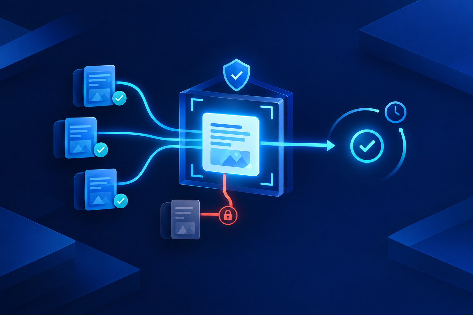 Three checked document cards connect by cyan paths to a glowing card inside an inspection frame. A coral padlock marks a separate document branch, with a checkmark and clock to the right.