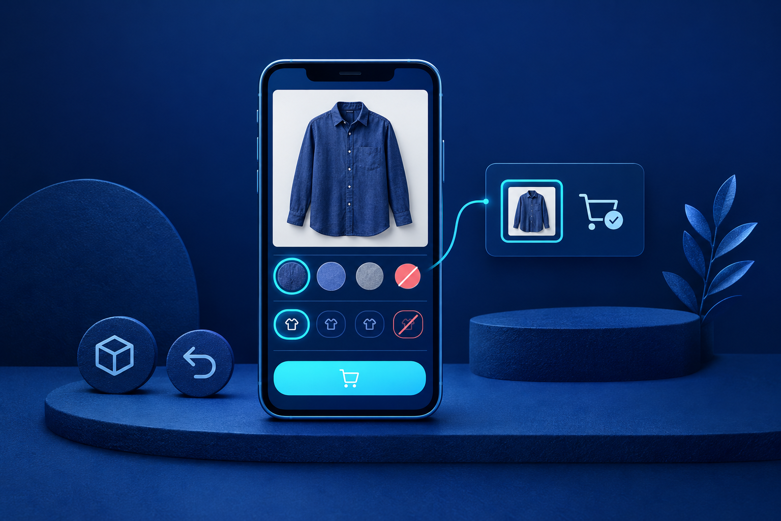 Illustrated phone showing an indigo shirt, two rows of product options and a cyan cart button, linked to a matching shirt thumbnail beside a cart confirmation symbol. Parcel and return-arrow icons sit nearby.