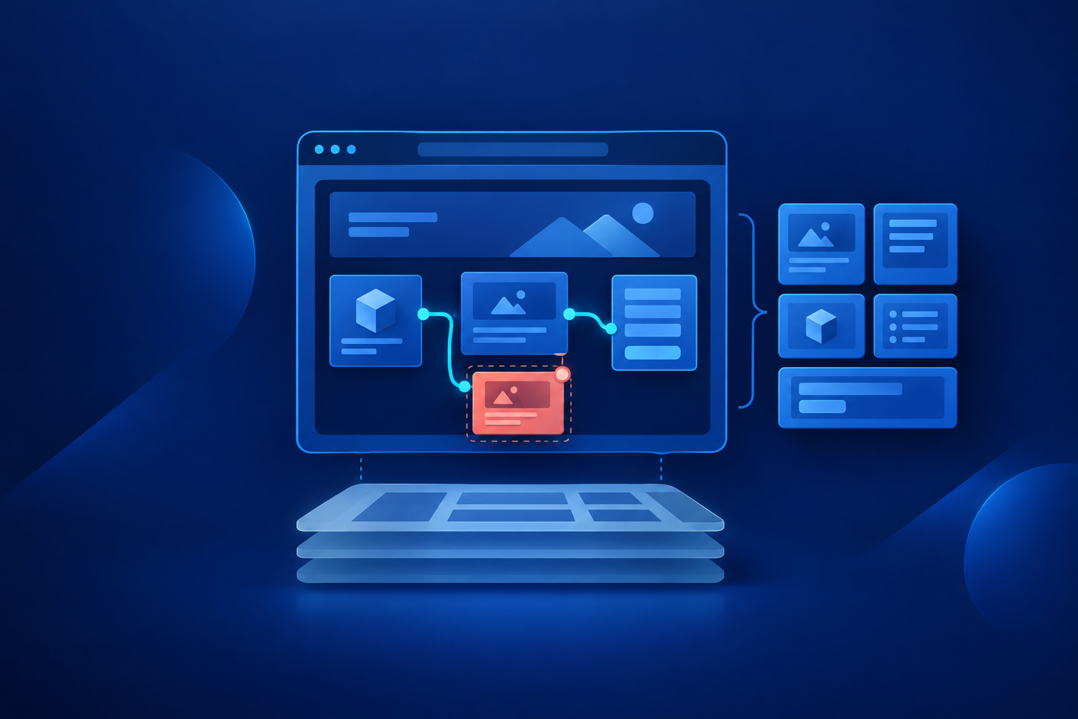 A blue browser frame containing website modules linked by a cyan path, with one coral module highlighted, grouped blue modules beside it and stacked foundation layers below.