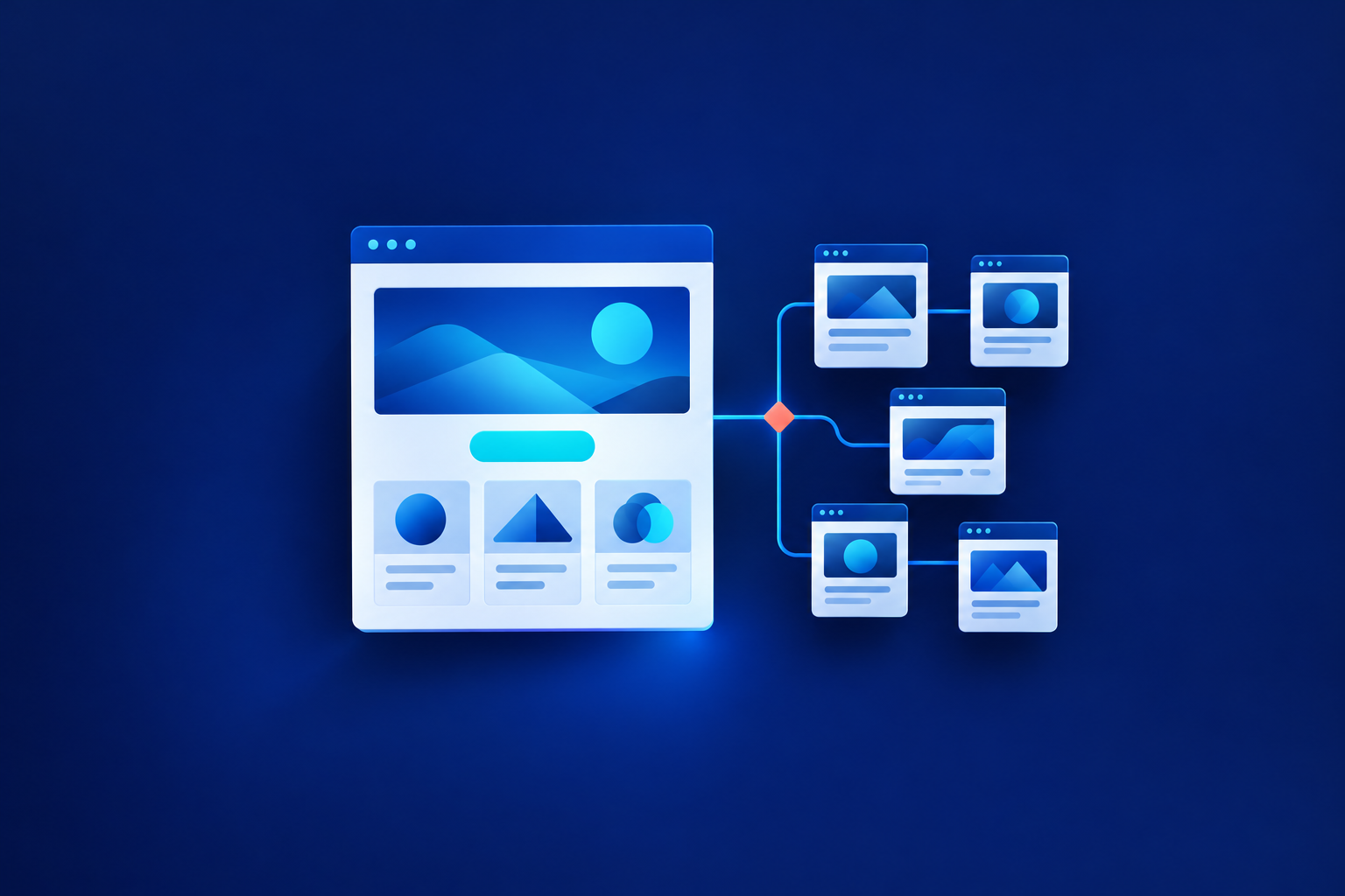 A large browser-style page with a cyan button and three supporting cards connects through a coral diamond to five smaller page cards on a navy background.