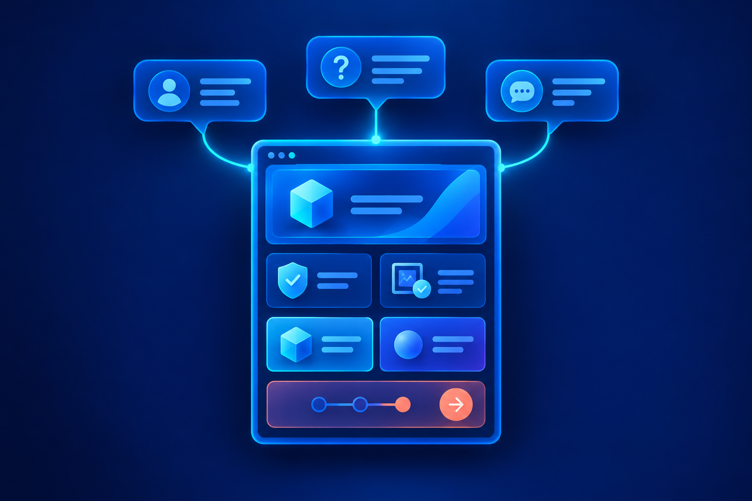 Three blue speech-shaped cards connect through cyan lines to a central page containing a cube, shield, checked image icon, paired option cards and a coral arrow button.