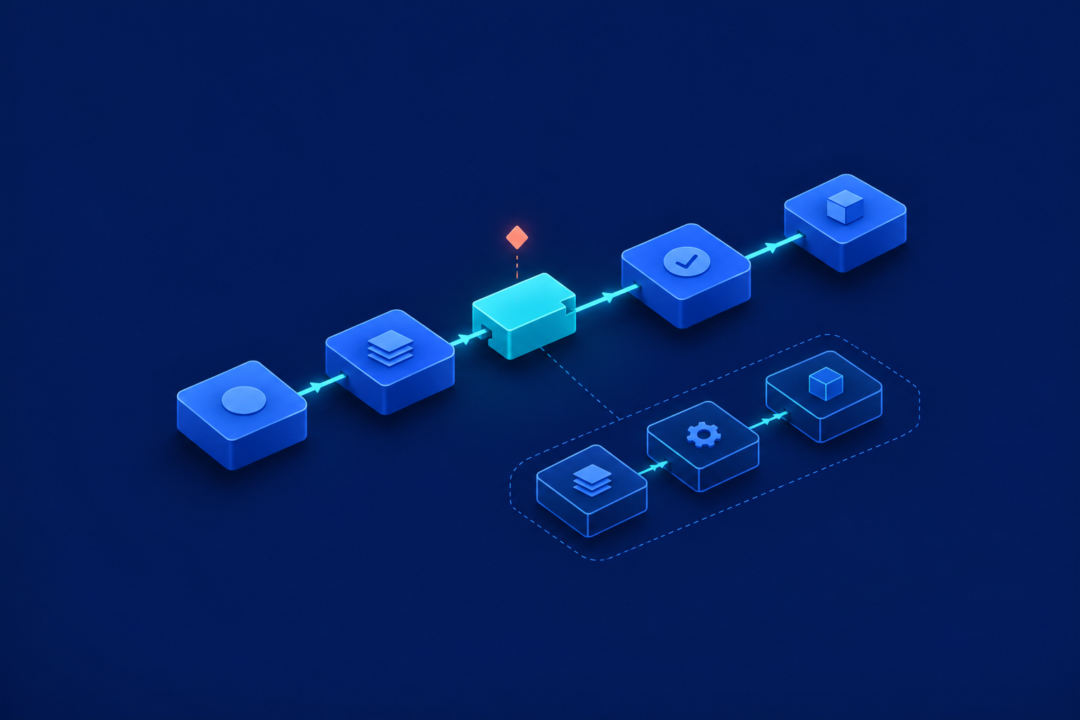Blue isometric workflow blocks connected by cyan arrows, with a fitted cyan component beneath a coral diamond and a separate outlined three-block assembly on a navy background.